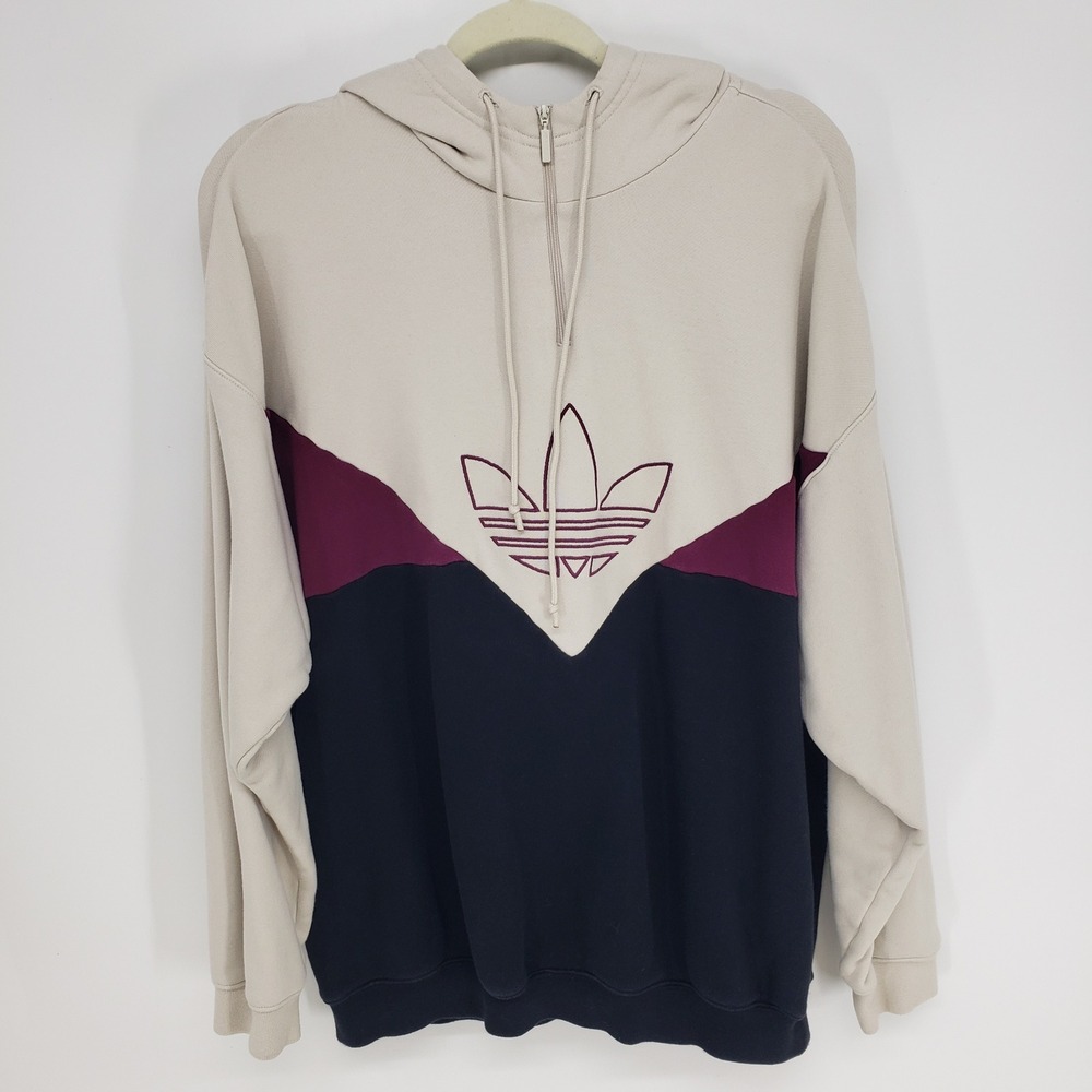 Adidas Trefoil Quarter Zip Hoodie Sweatshirt Mens L Black Colorblock Pullover